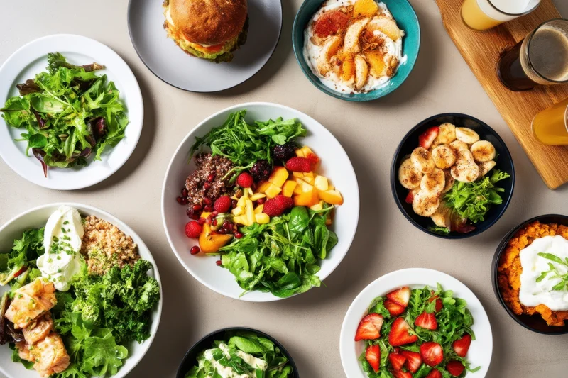 Colorful bowls of salad and fruit arranged on a table in a flat lay overhead view