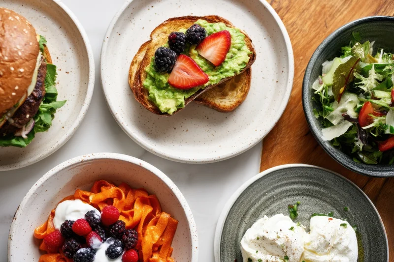 Top-down view of avocado toast with berries, burger, salad, pasta and poached eggs on ceramic plates and bowls on marble and wood surface
