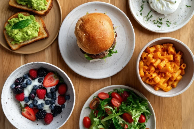 Top-down view of a varied meal spread with avocado toast, burger, fruit yogurt, macaroni cheese, salad, and burrata on a wooden table