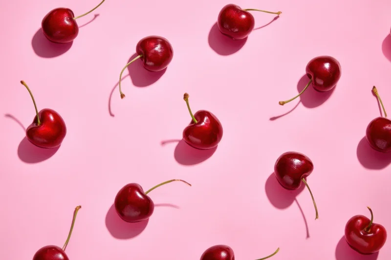 Glossy red cherries scattered across a pink surface in a flat lay still life arrangement