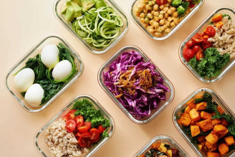 Glass meal prep containers filled with colorful healthy foods arranged on a countertop in a flat lay overhead view