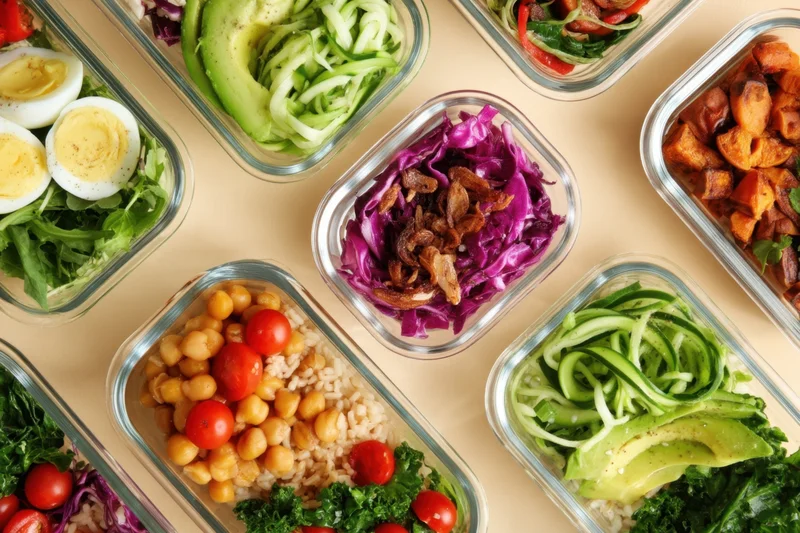 Glass meal prep containers filled with colorful healthy foods arranged on a countertop