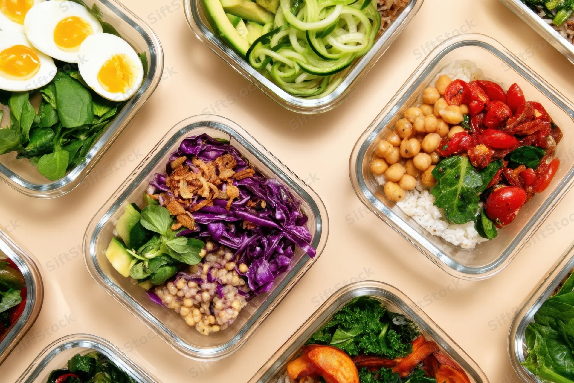 Glass meal-prep containers filled with colorful healthy meals arranged on a countertop