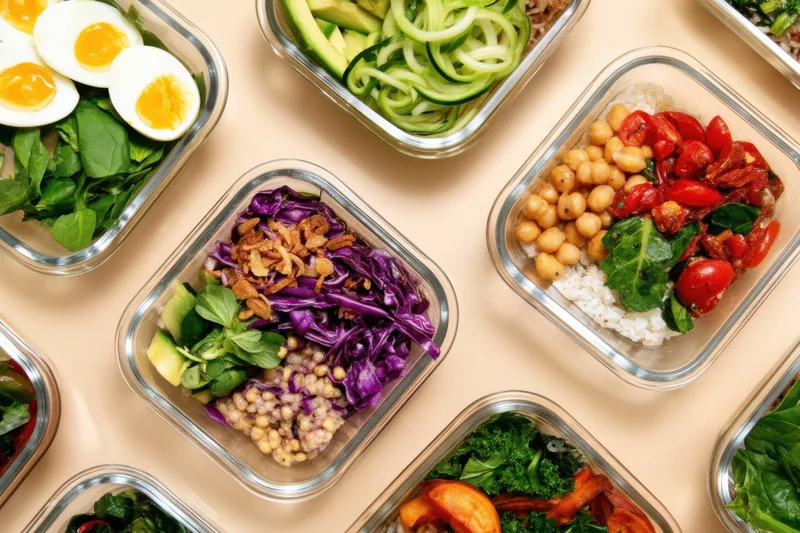 Glass meal-prep containers filled with colorful healthy meals arranged on a countertop