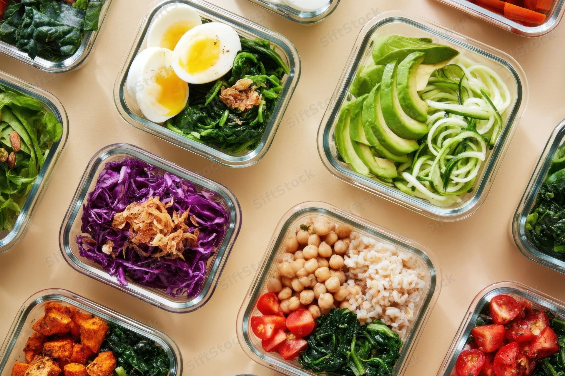 Glass meal prep containers filled with colorful healthy foods arranged on a beige surface in a top-down view