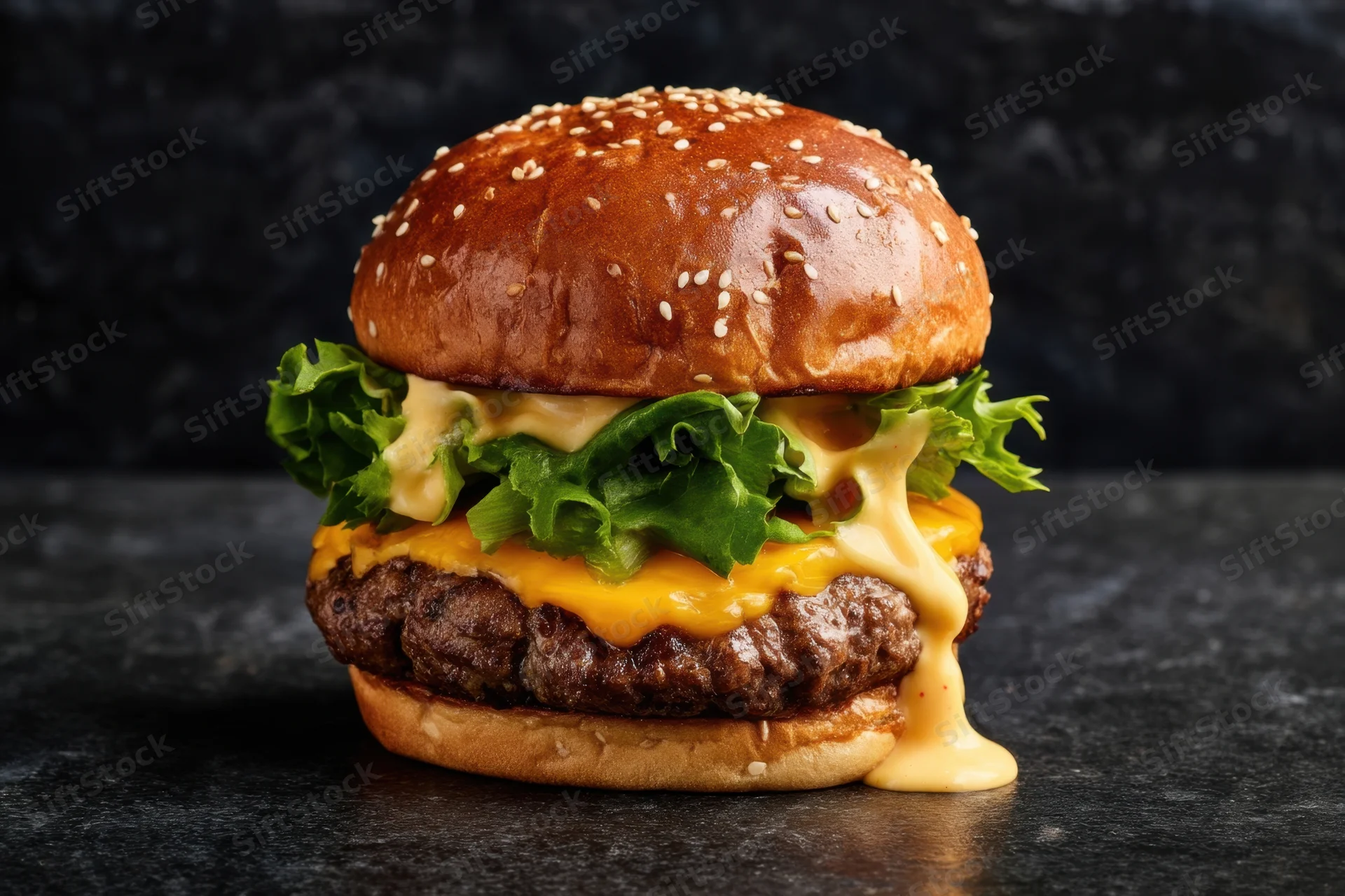 Cheeseburger with melted cheddar cheese, lettuce, and sauce on a sesame seed bun, on a dark stone surface