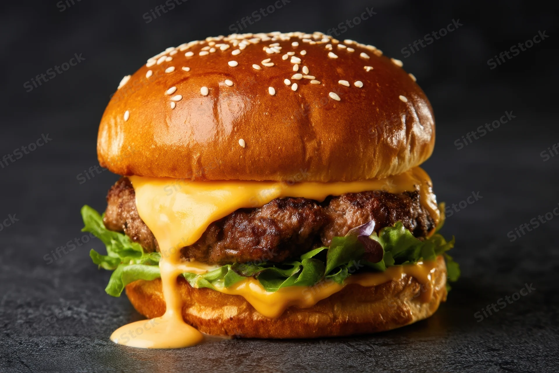 Cheeseburger with melted cheese dripping from a sesame seed bun on a dark surface