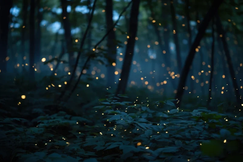 Fireflies glowing among trees and foliage in a dark forest at night