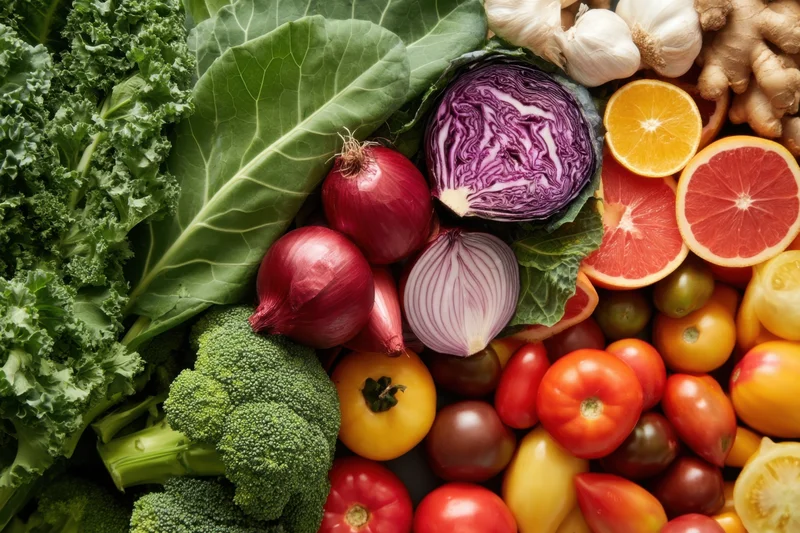 Vibrant assortment of fresh vegetables and fruits arranged in a flat lay composition