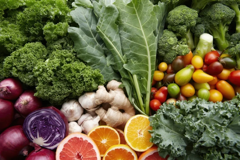 Close-up of fresh vegetables and fruits arranged together in a colorful display