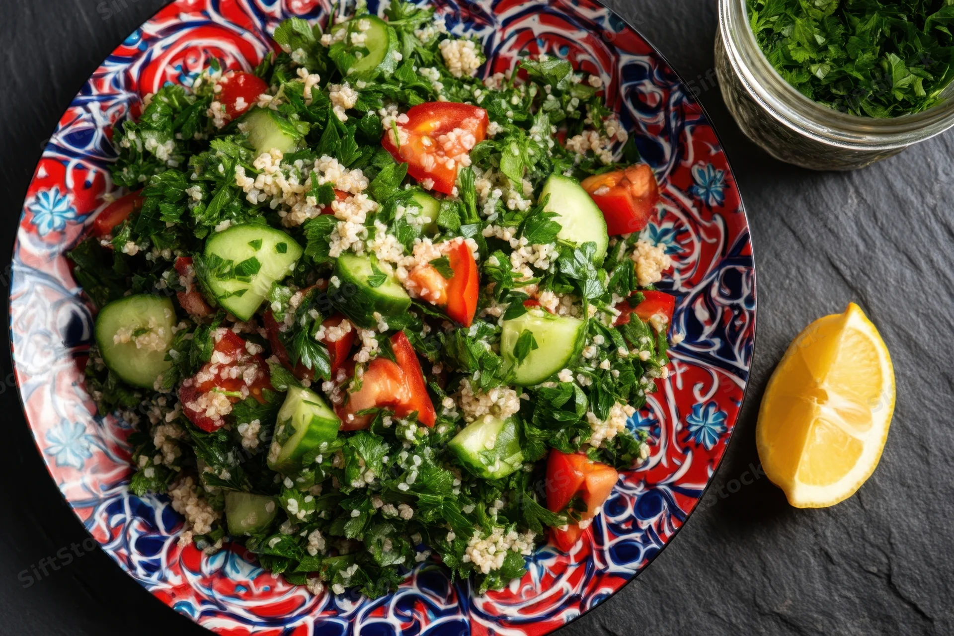 Vibrant tabbouleh salad with chopped parsley, cucumber, tomato, and lemon on a patterned ceramic plate with a glass jar of herbs and a lemon slice on a dark slate surface