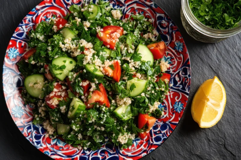 Vibrant tabbouleh salad with chopped parsley, cucumber, tomato, and lemon on a patterned ceramic plate with a glass jar of herbs and a lemon slice on a dark slate surface