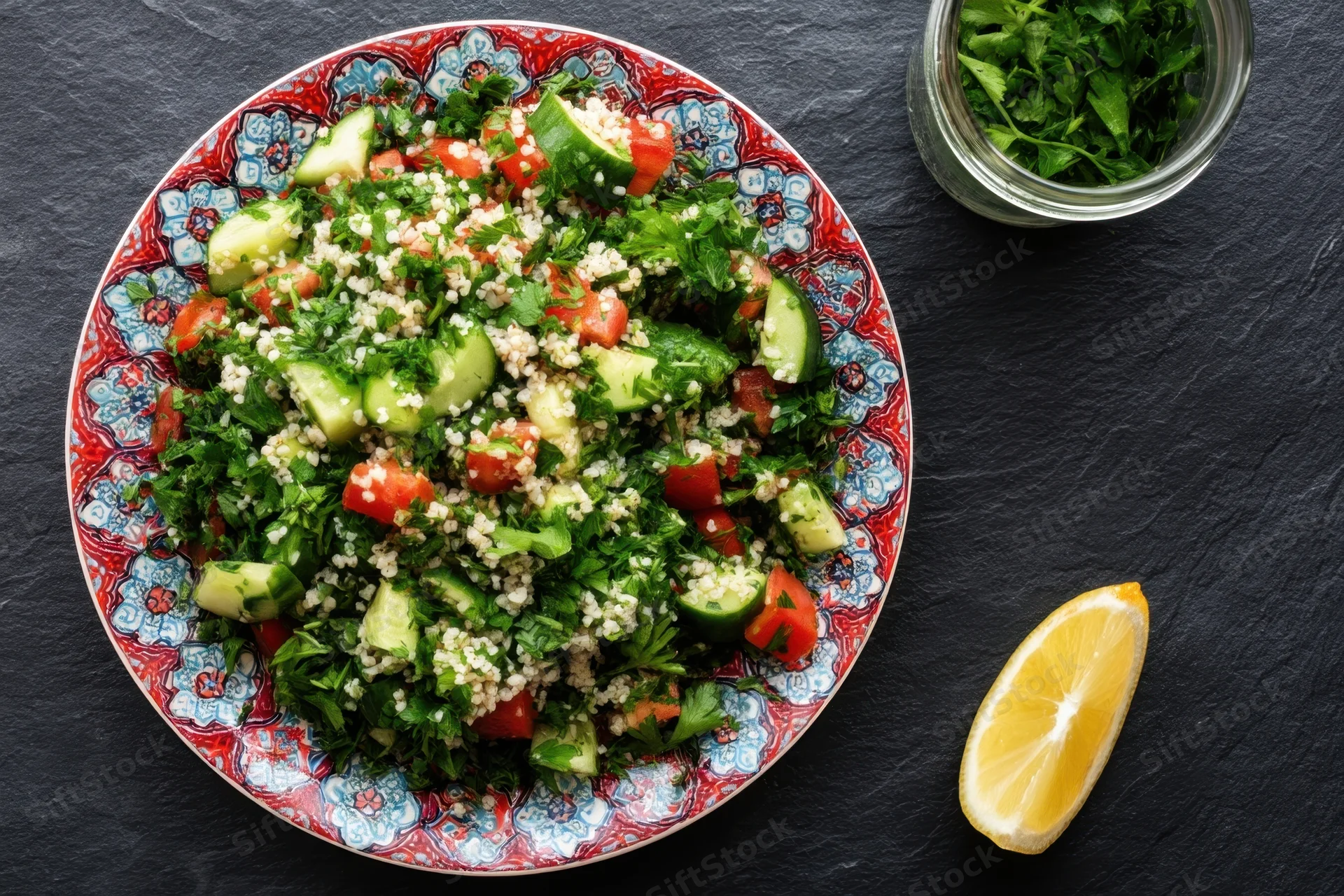 Tabbouleh salad with bulgur, parsley, cucumber and tomato on a floral plate with lemon and herbs nearby