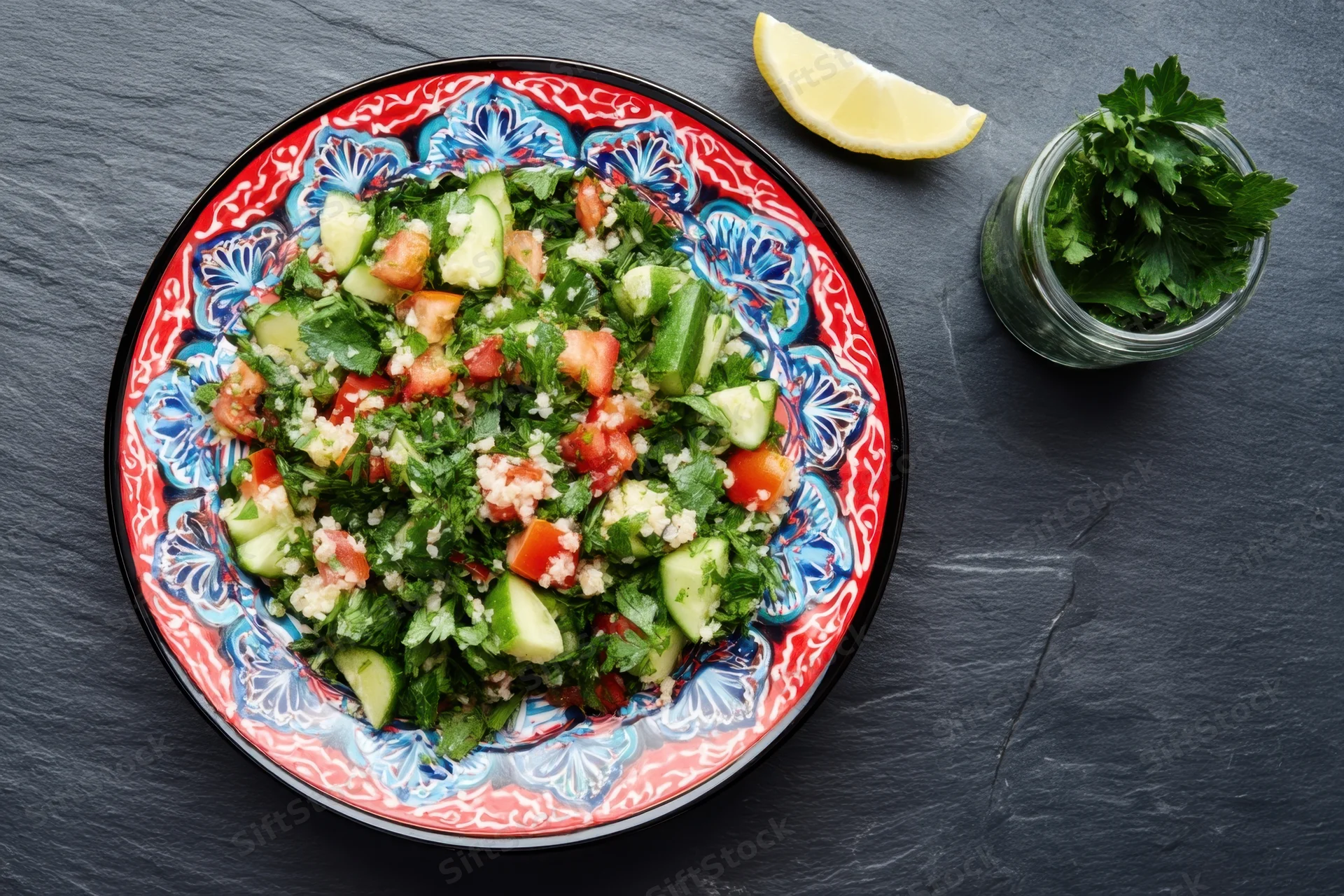 Vibrant tabbouleh salad with chopped parsley cucumber and tomato on a colorful ceramic plate with lemon and herbs on slate surface