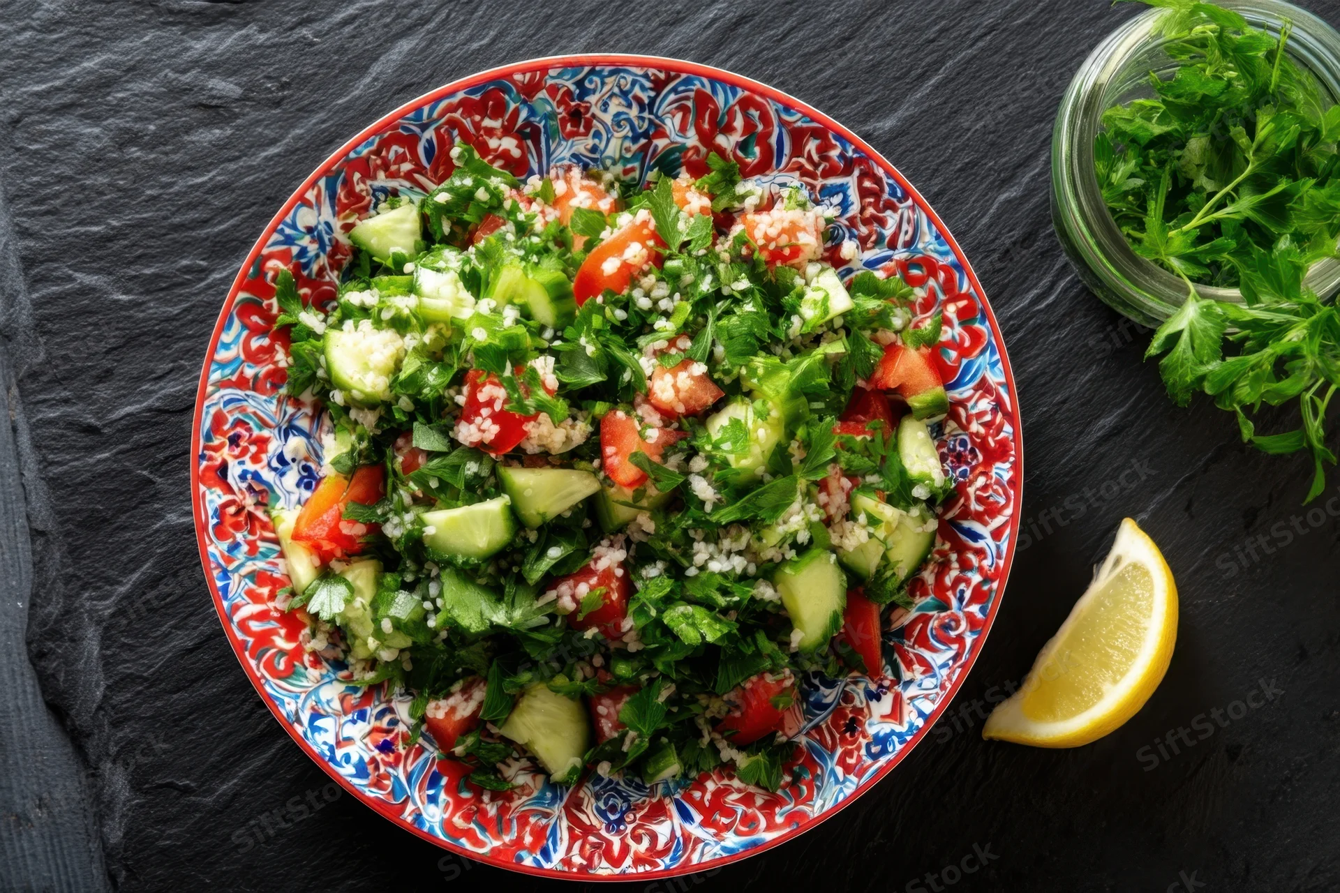 Tabbouleh salad with chopped parsley, cucumber, tomato and lemon on a patterned ceramic plate on slate surface