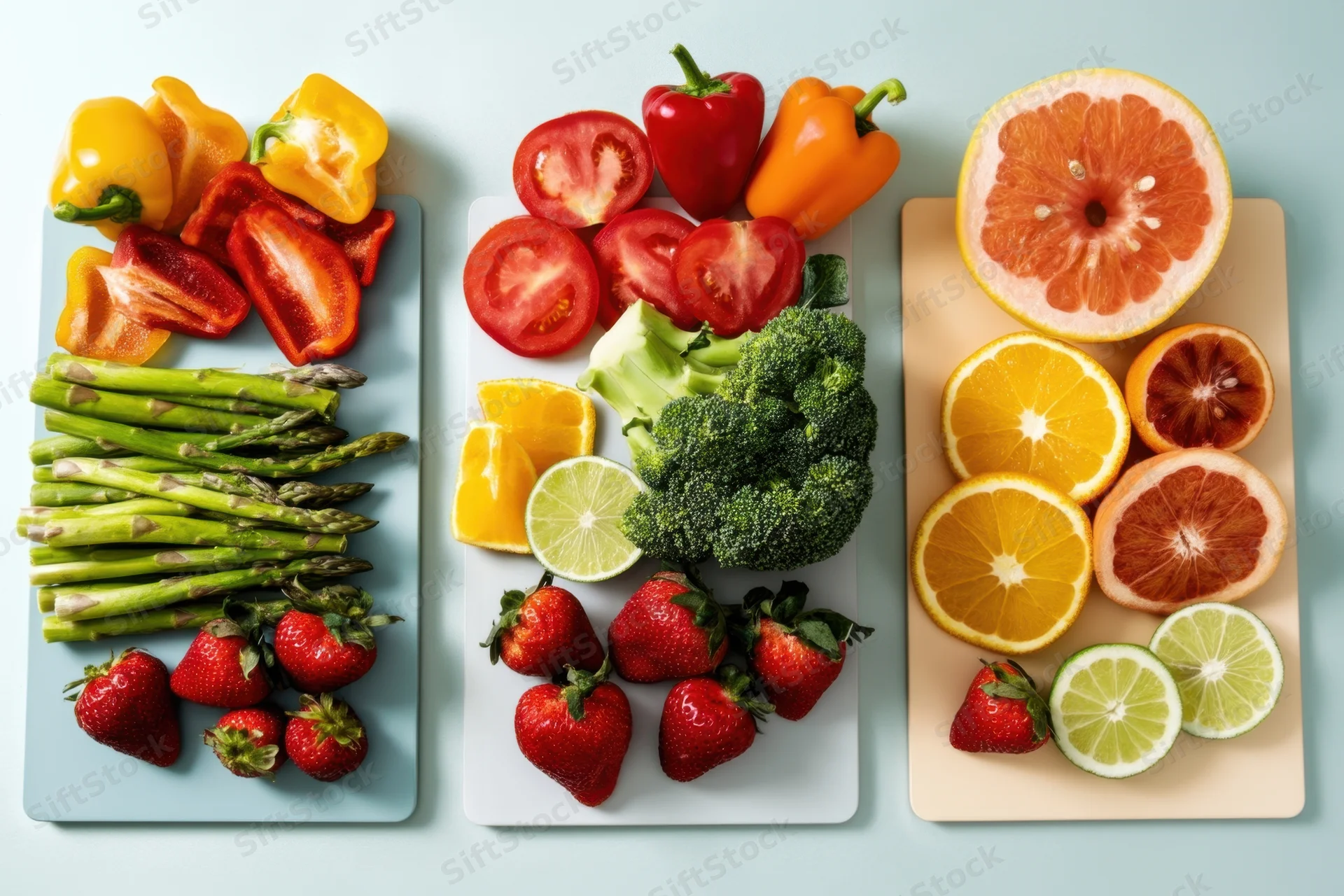 Colorful vegetables and citrus arranged on cutting boards in a flat lay display