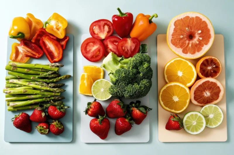 Colorful vegetables and citrus arranged on cutting boards in a flat lay display