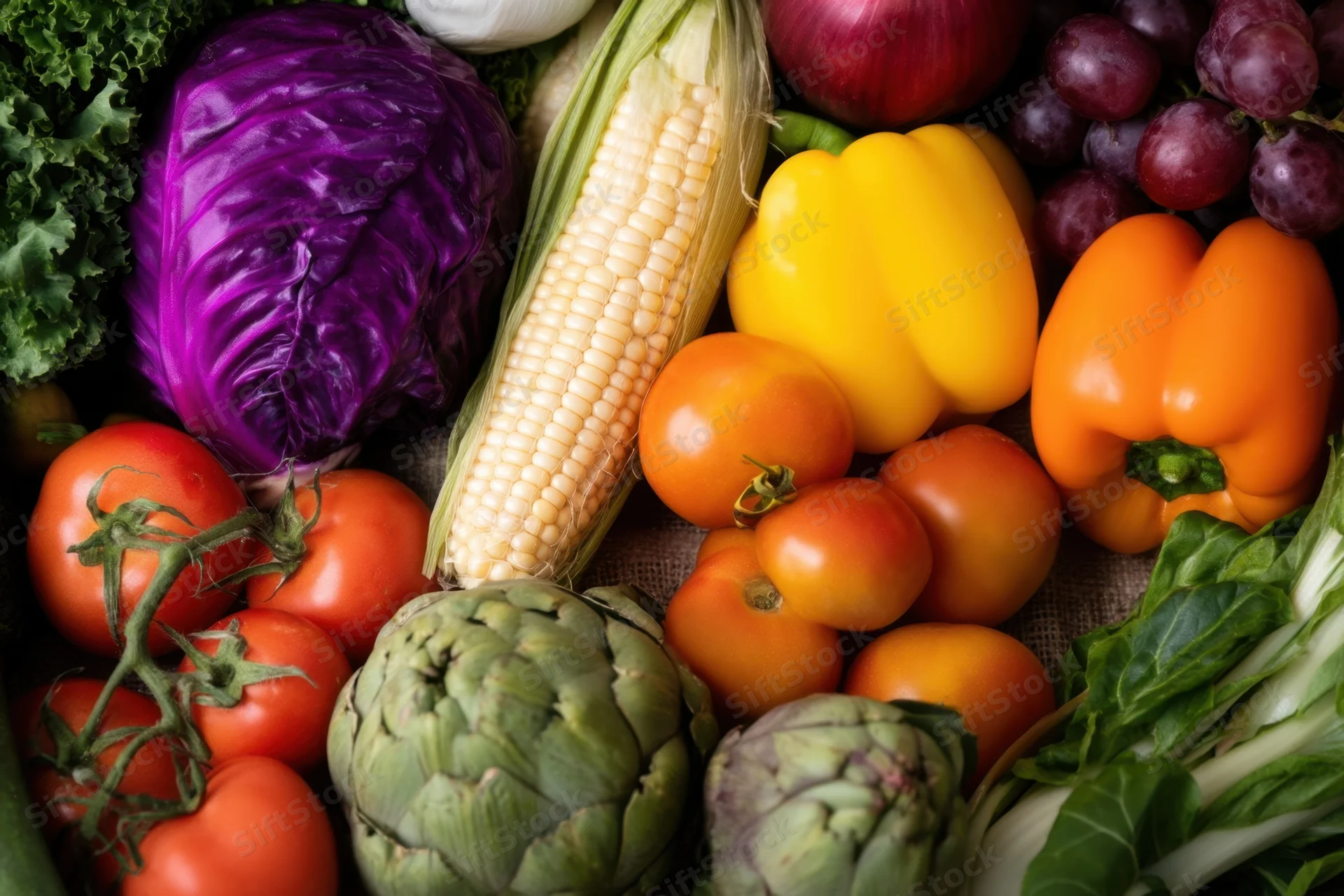 Vibrant flat lay of fresh vegetables and fruits arranged on burlap surface