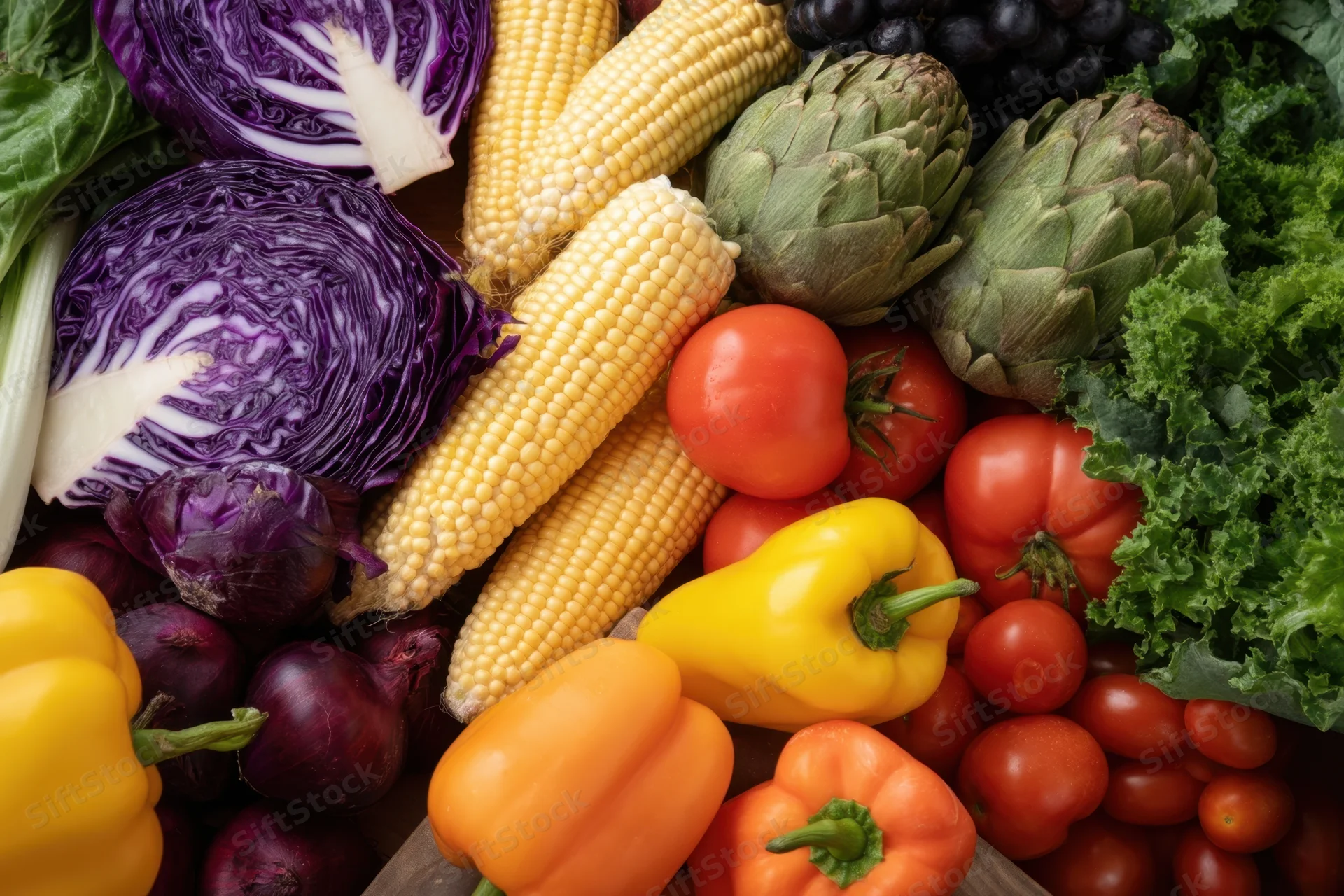 Colorful assortment of fresh vegetables arranged in a flat lay composition