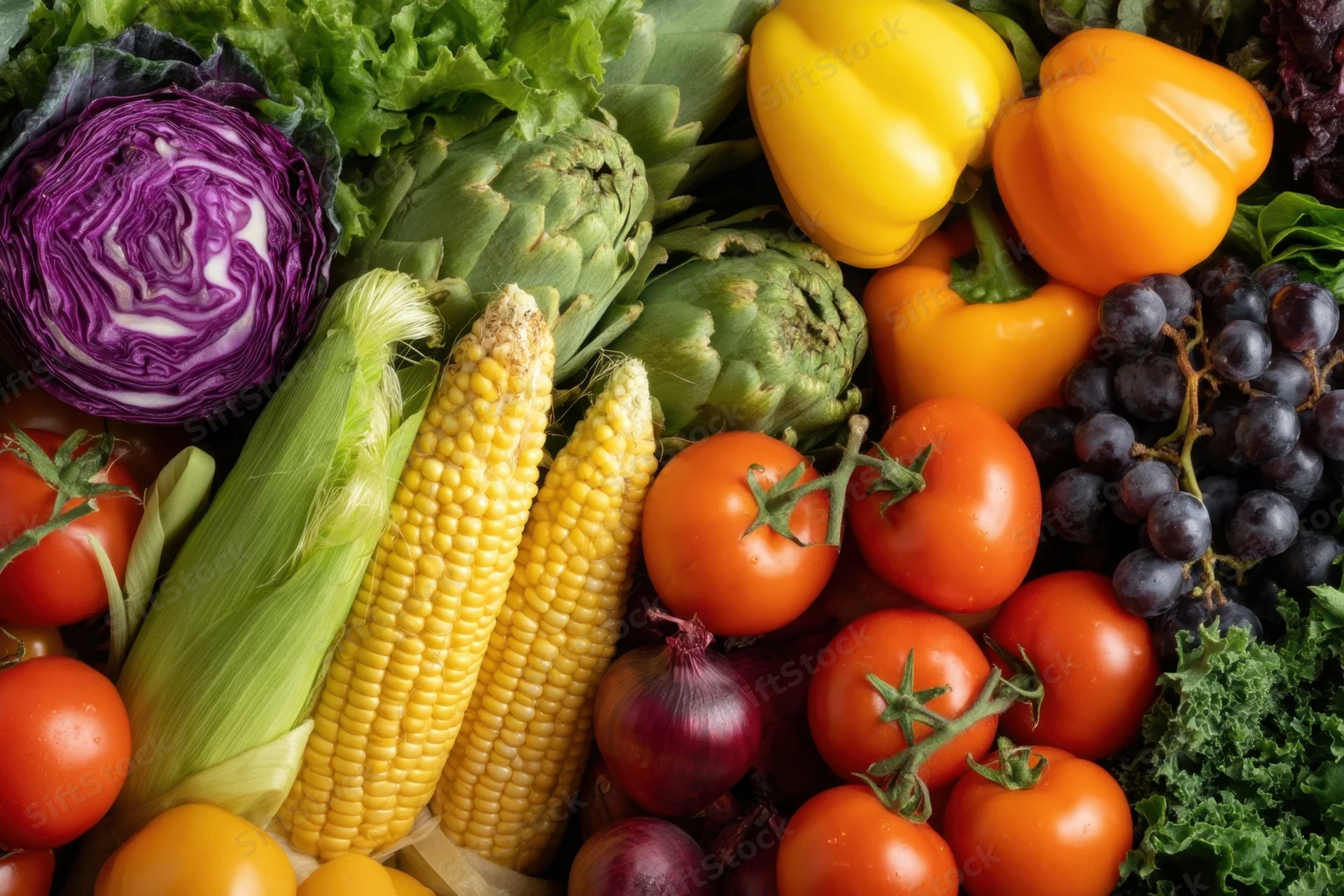 Flat lay of fresh vegetables and fruits arranged together on a surface