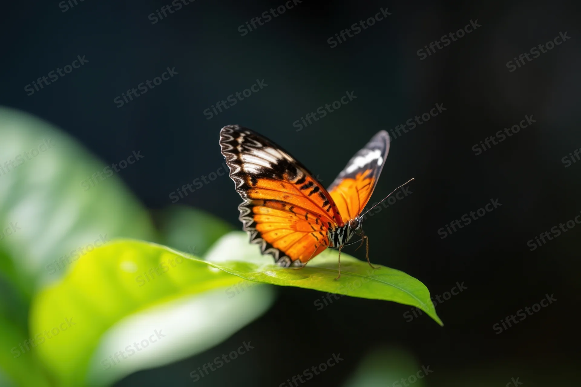 Orange butterfly with black and white wing markings resting on a green leaf
