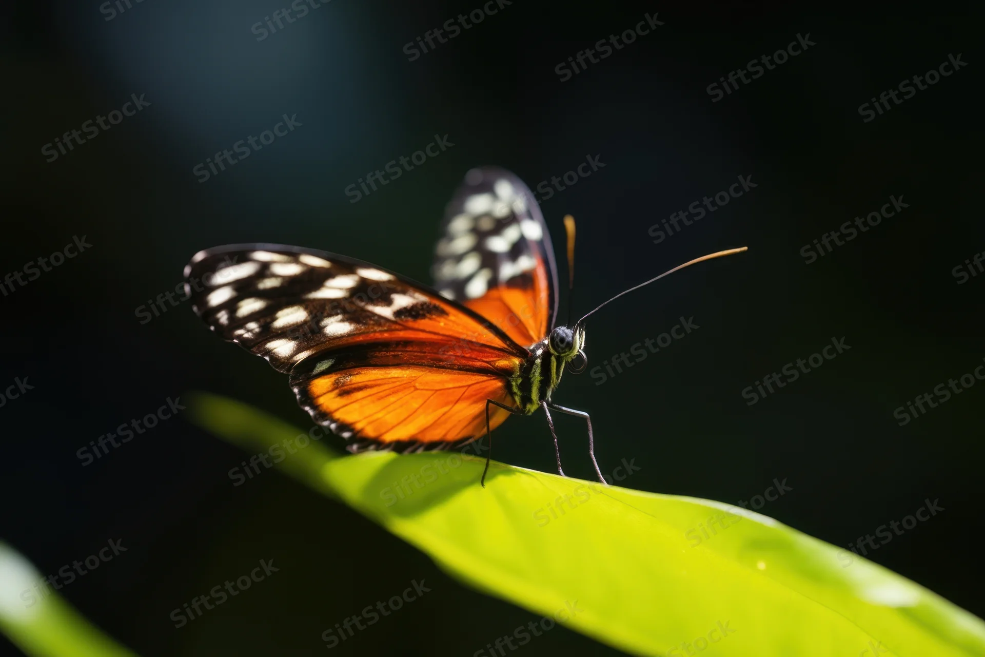 Orange butterfly with black and white wing markings perched on a green leaf