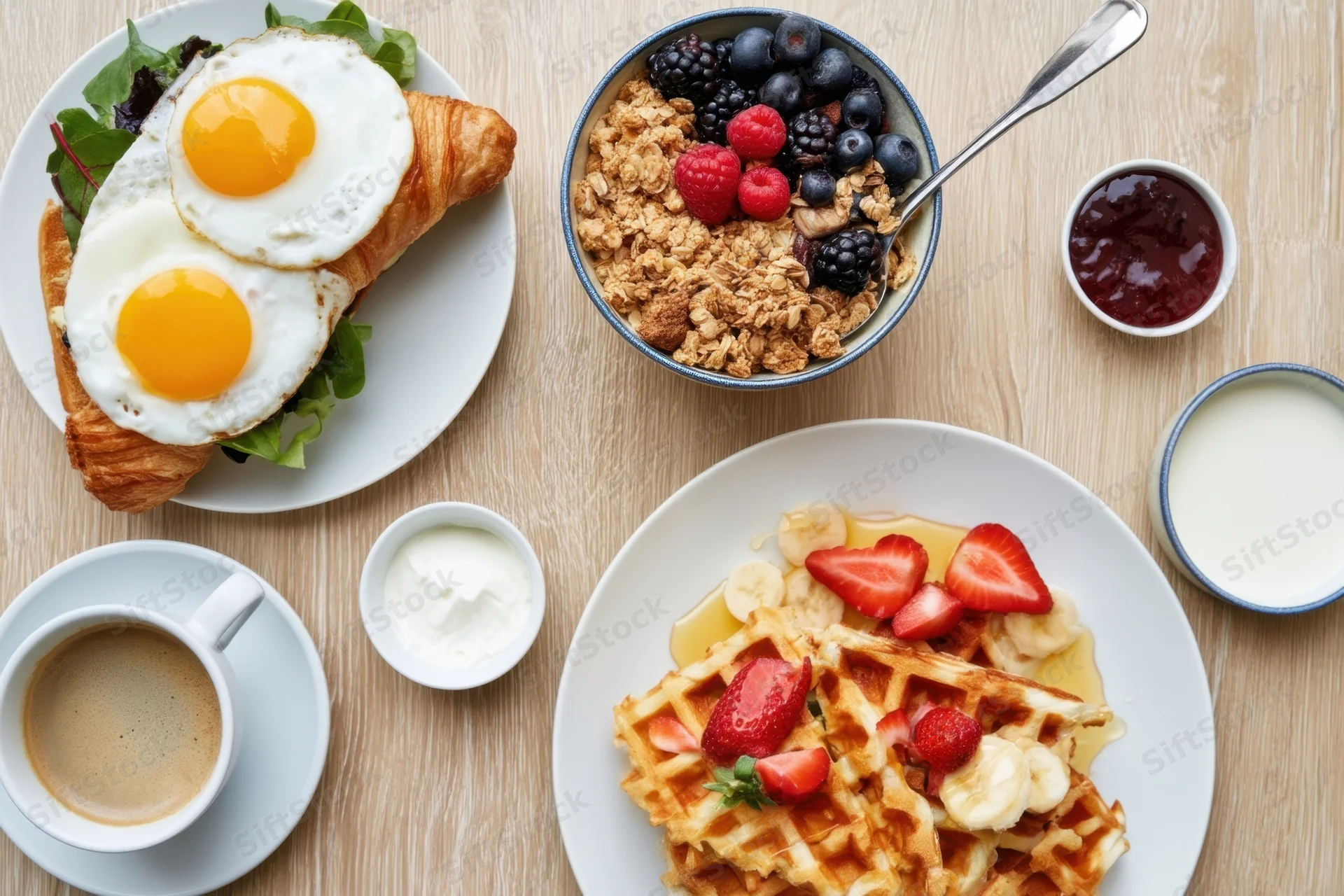 Breakfast spread with waffles, croissant and eggs on a wooden table