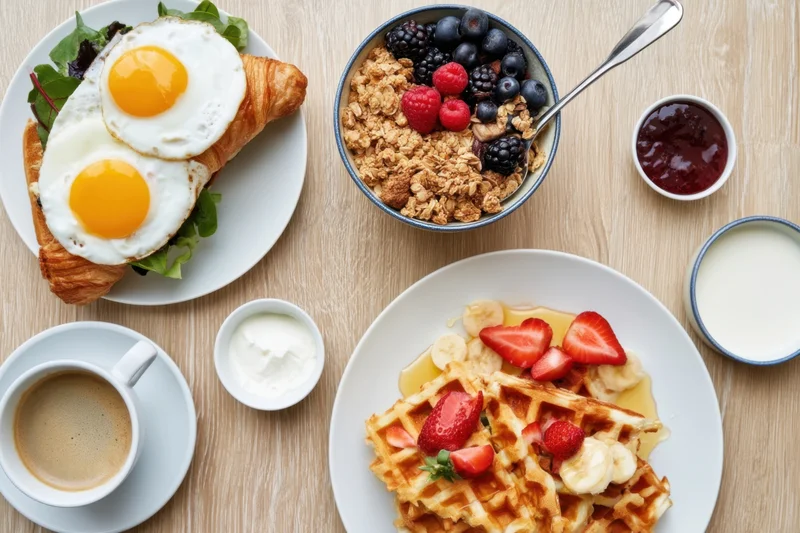 Breakfast spread with waffles, croissant and eggs on a wooden table