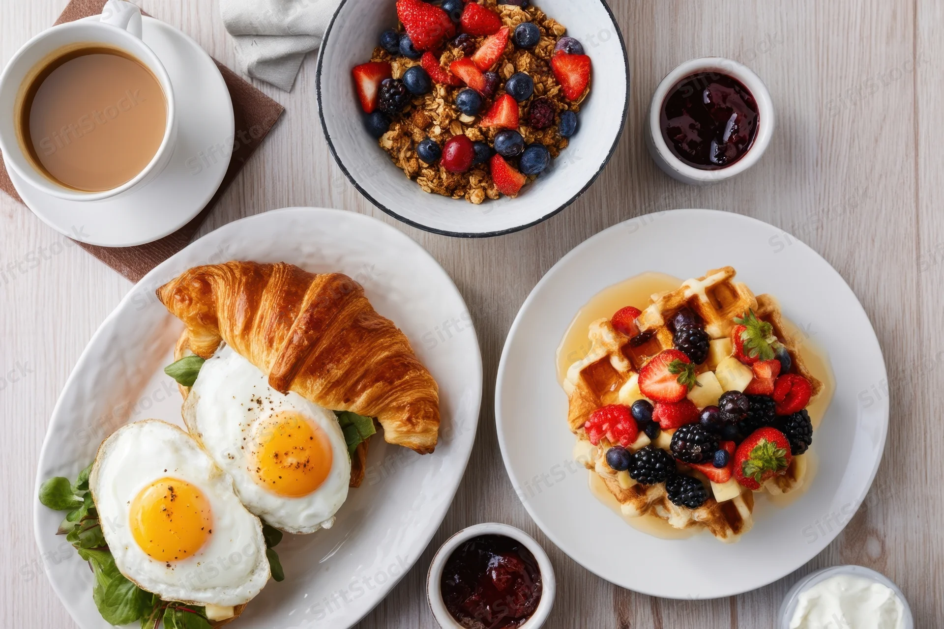 Top-down view of a breakfast spread with waffles, croissants, eggs, berries, coffee and granola on a wooden table