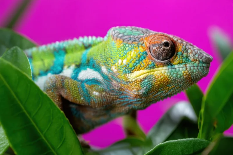Colorful chameleon in profile among green leaves against pink background