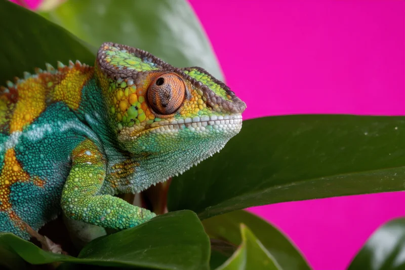 Colorful chameleon resting among green leaves against a bright pink background