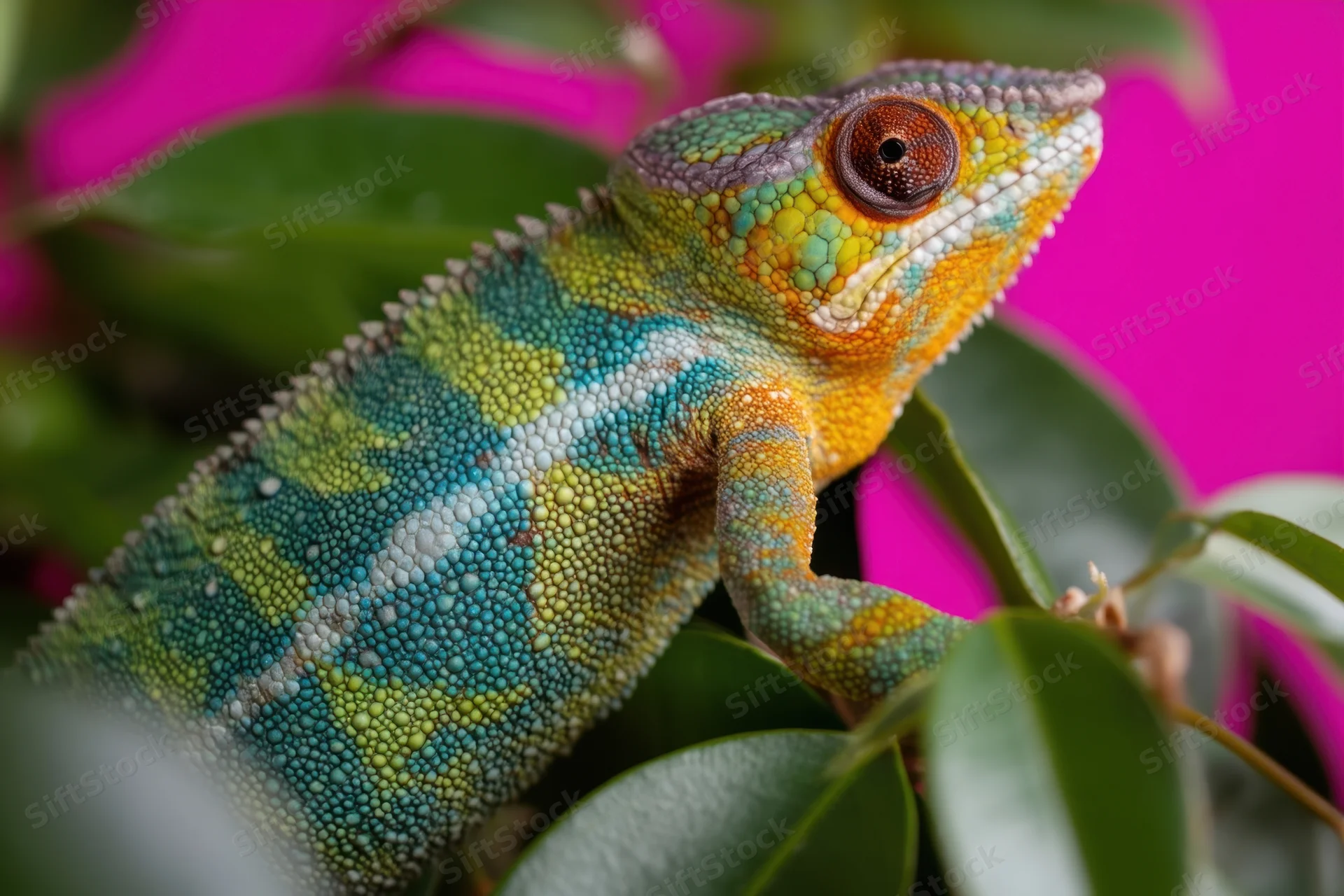Colorful chameleon perched among green leaves against pink background