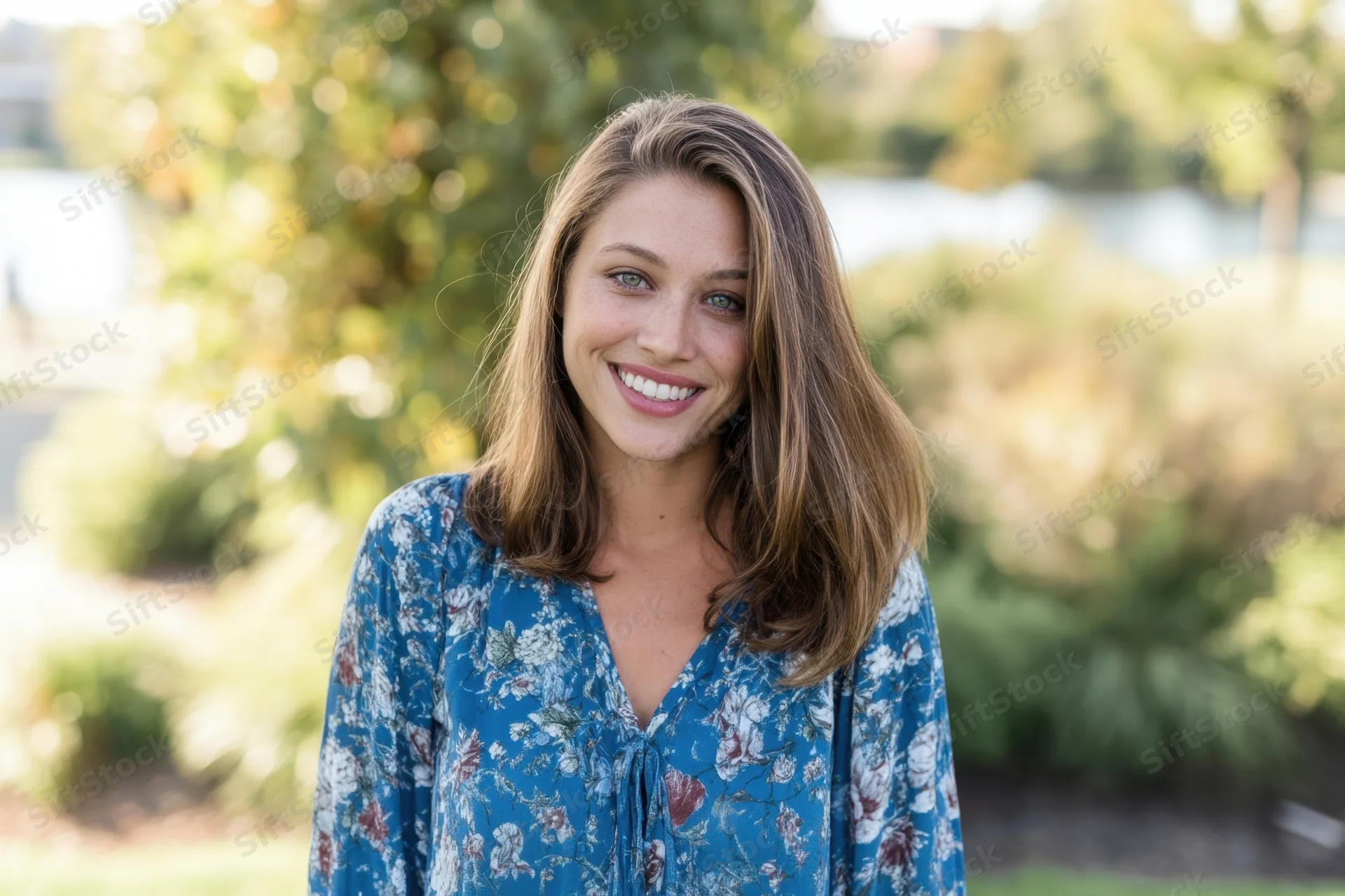 Smiling young woman in floral blouse standing outdoors in a sunlit garden