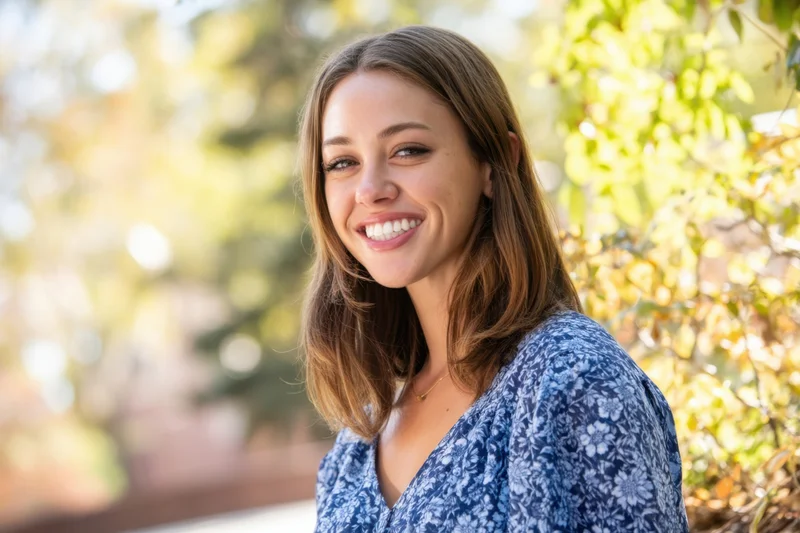 Smiling young woman in a blue floral dress outdoors in sunlight