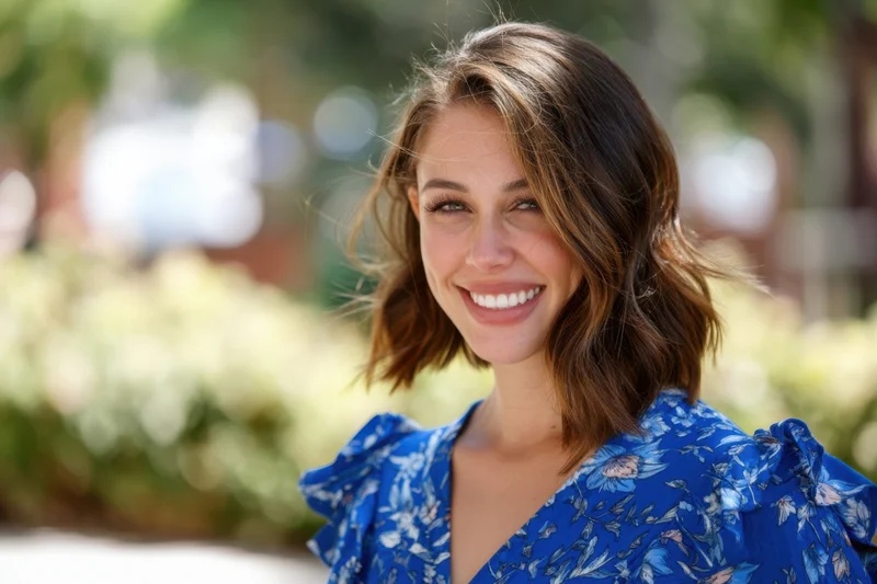 Smiling young woman in blue floral blouse outdoors in sunlight