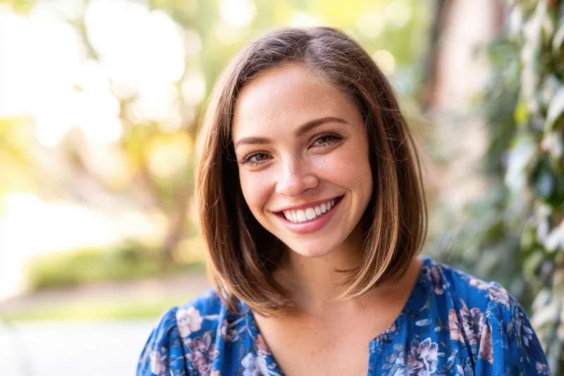 Smiling young woman in a blue floral blouse outdoors in a sunlit garden