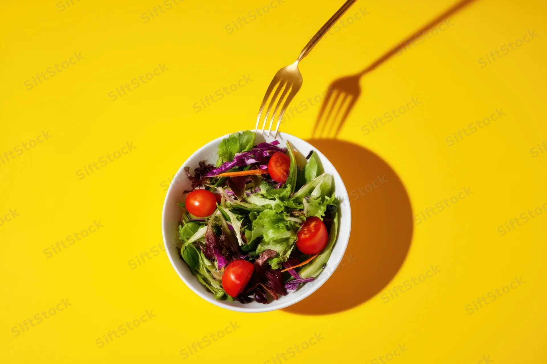A white bowl of mixed salad with greens and cherry tomatoes on a yellow background, viewed from above with a fork inserted and casting a shadow