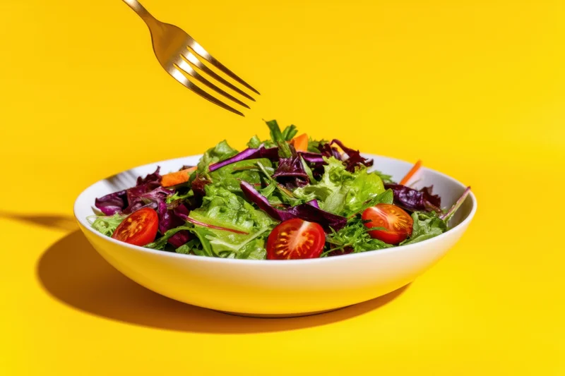Fork hovering over a bowl of mixed salad with greens and cherry tomatoes on a yellow surface