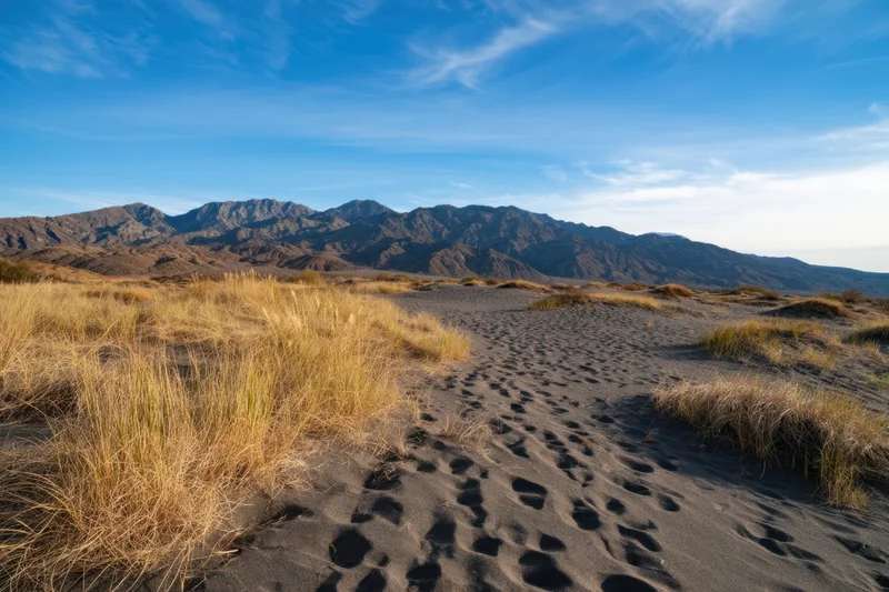 Footprints in dark sand dunes with golden grass and distant mountains under a blue sky