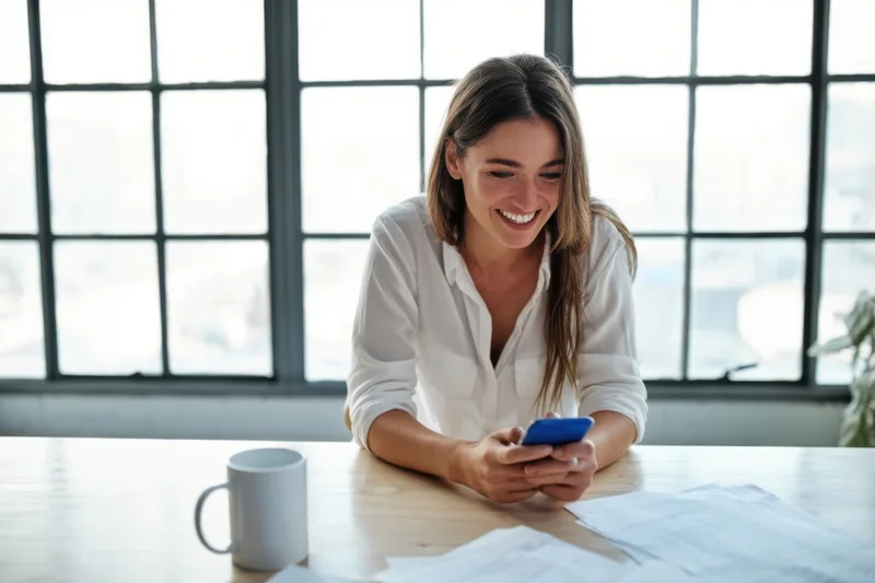 Woman smiling while using smartphone at wooden desk in bright office with large windows