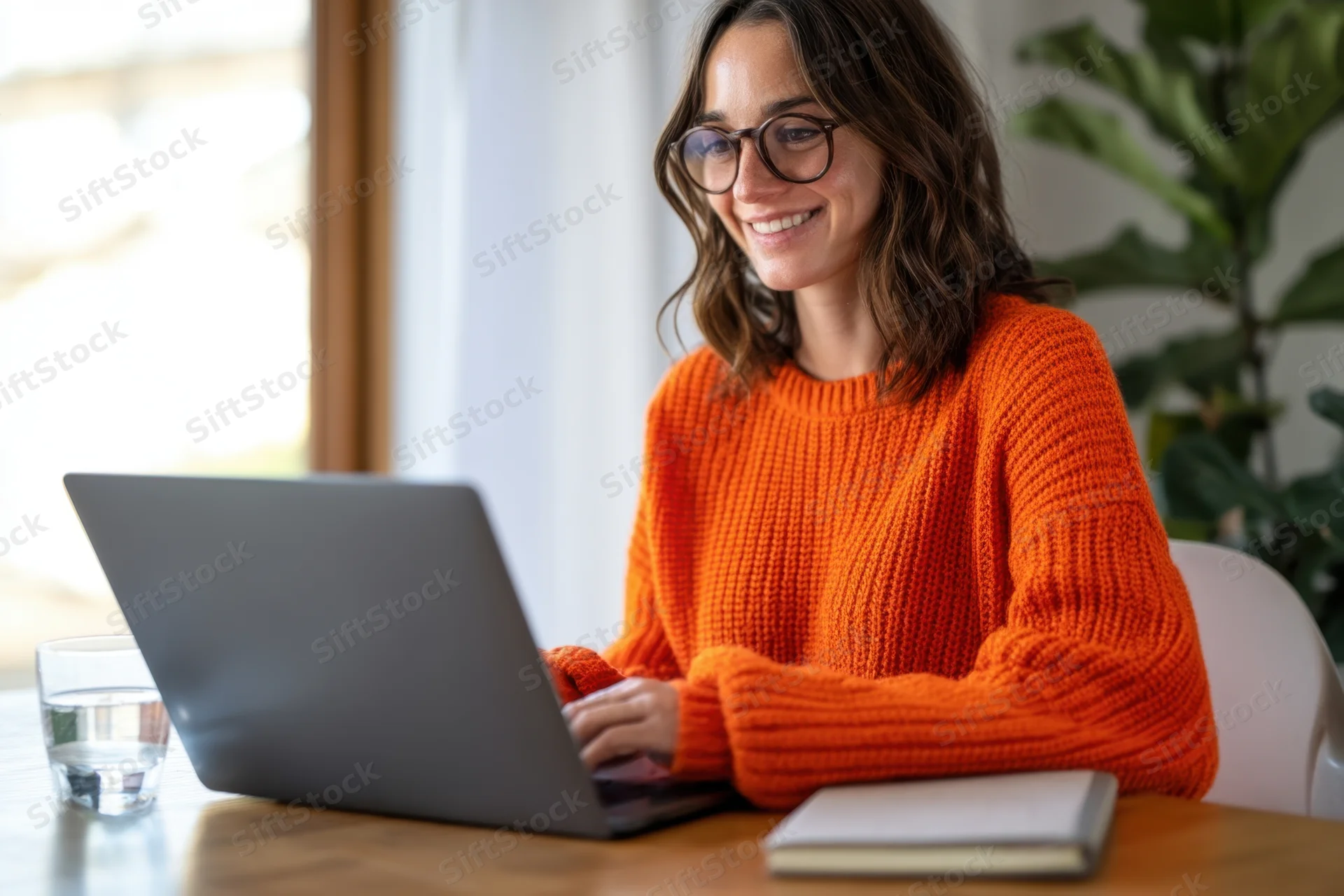 Woman typing on laptop at wooden desk in home office setting