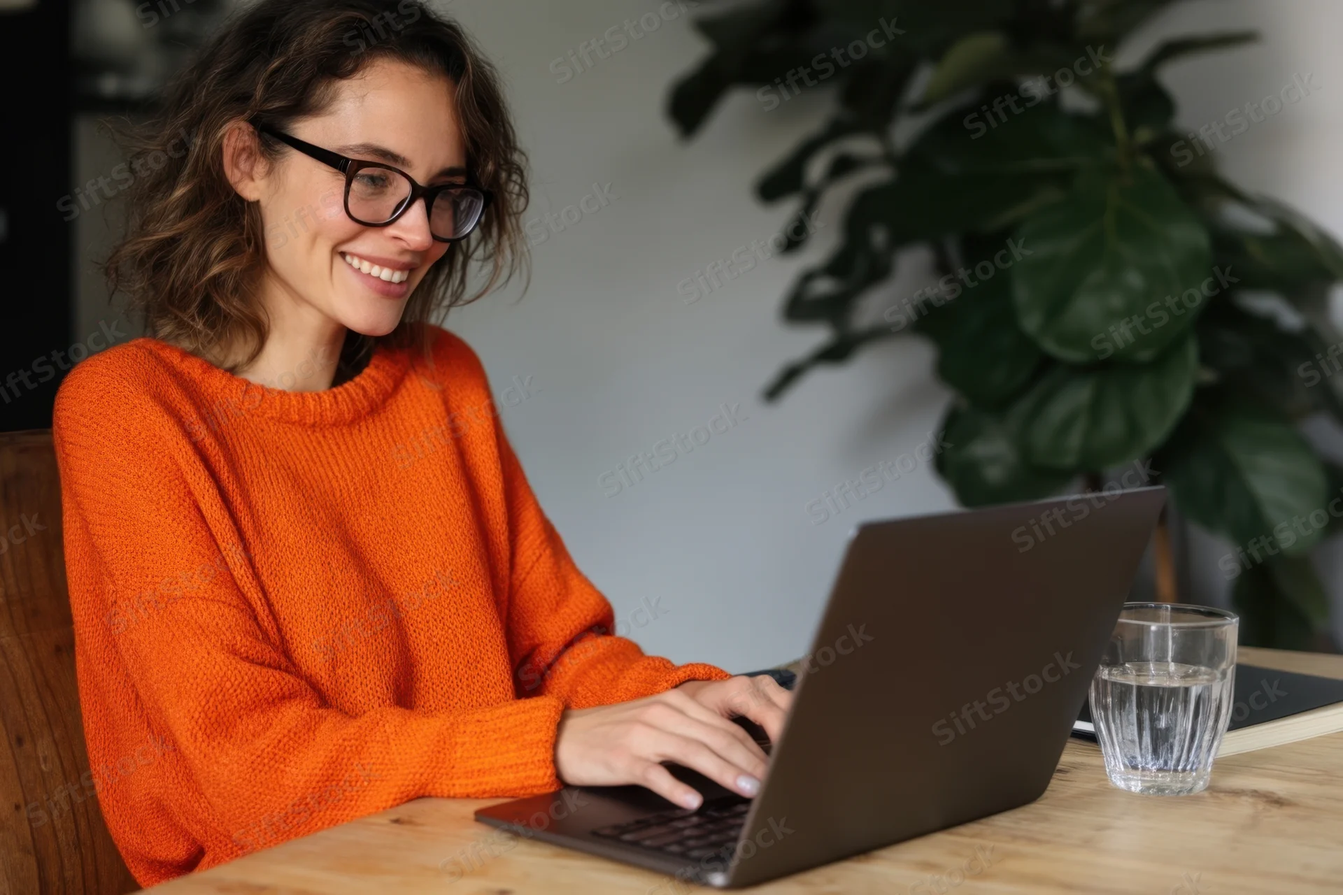 Woman in orange sweater typing on laptop at wooden desk indoors