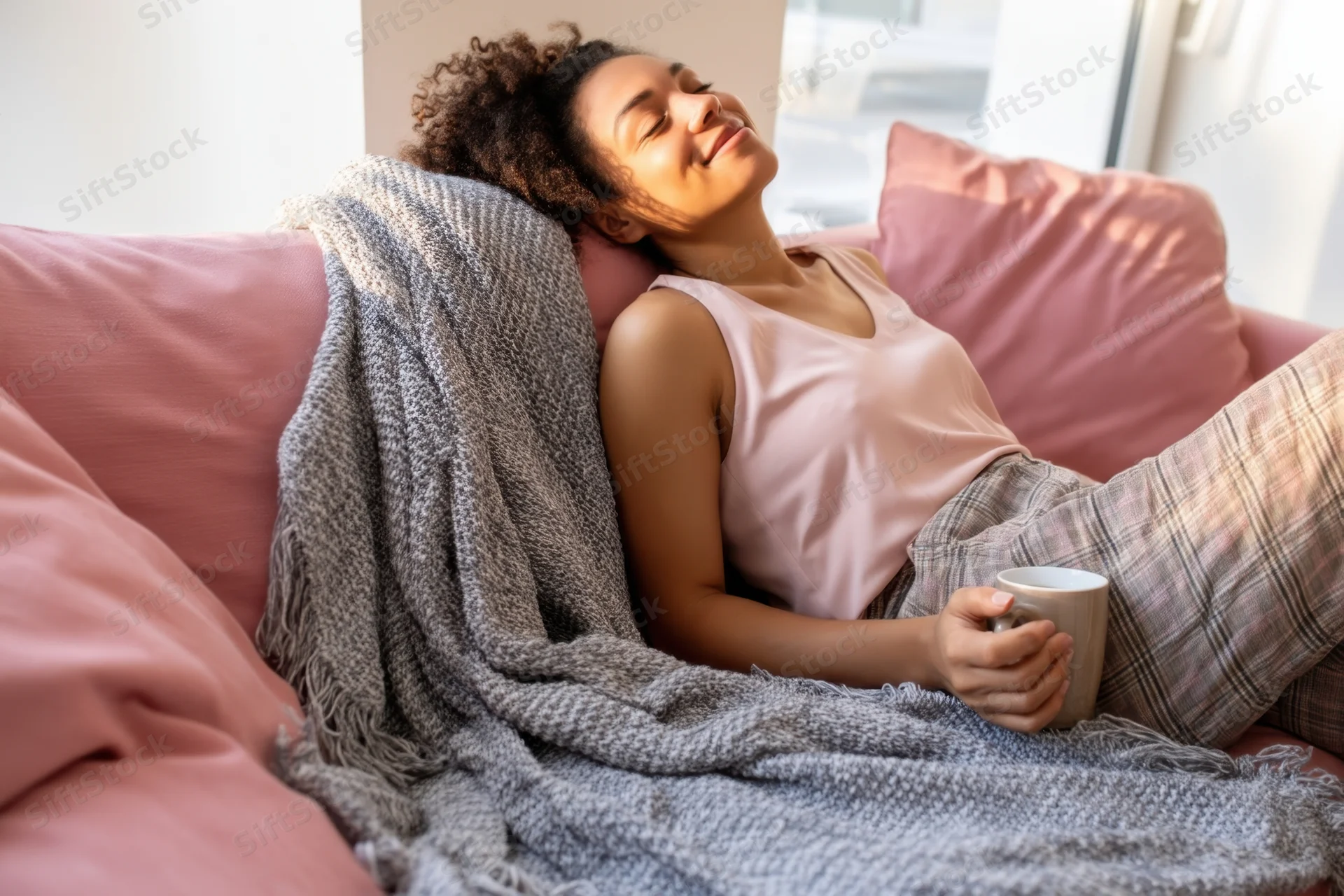Woman relaxing on pink sofa with coffee mug, wrapped in blanket, bathed in sunlight
