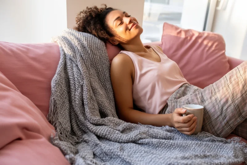Woman relaxing on pink sofa with coffee mug, wrapped in blanket, bathed in sunlight