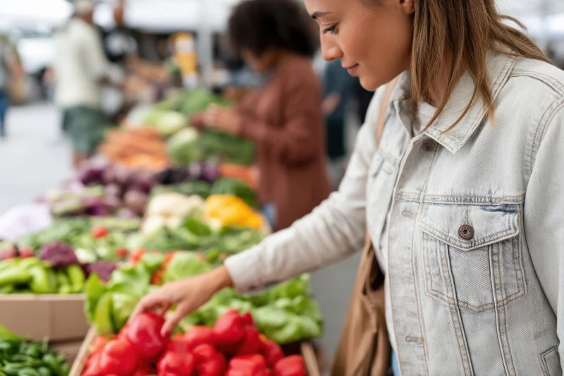Woman selecting red peppers at an outdoor farmer's market stall