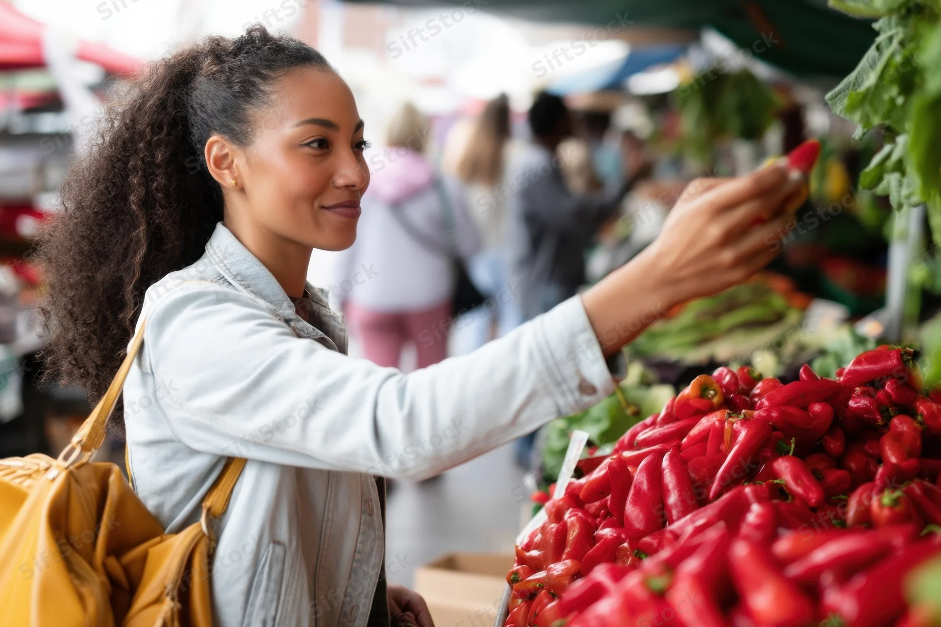 Woman selecting red chili peppers at an outdoor farmer's market stall