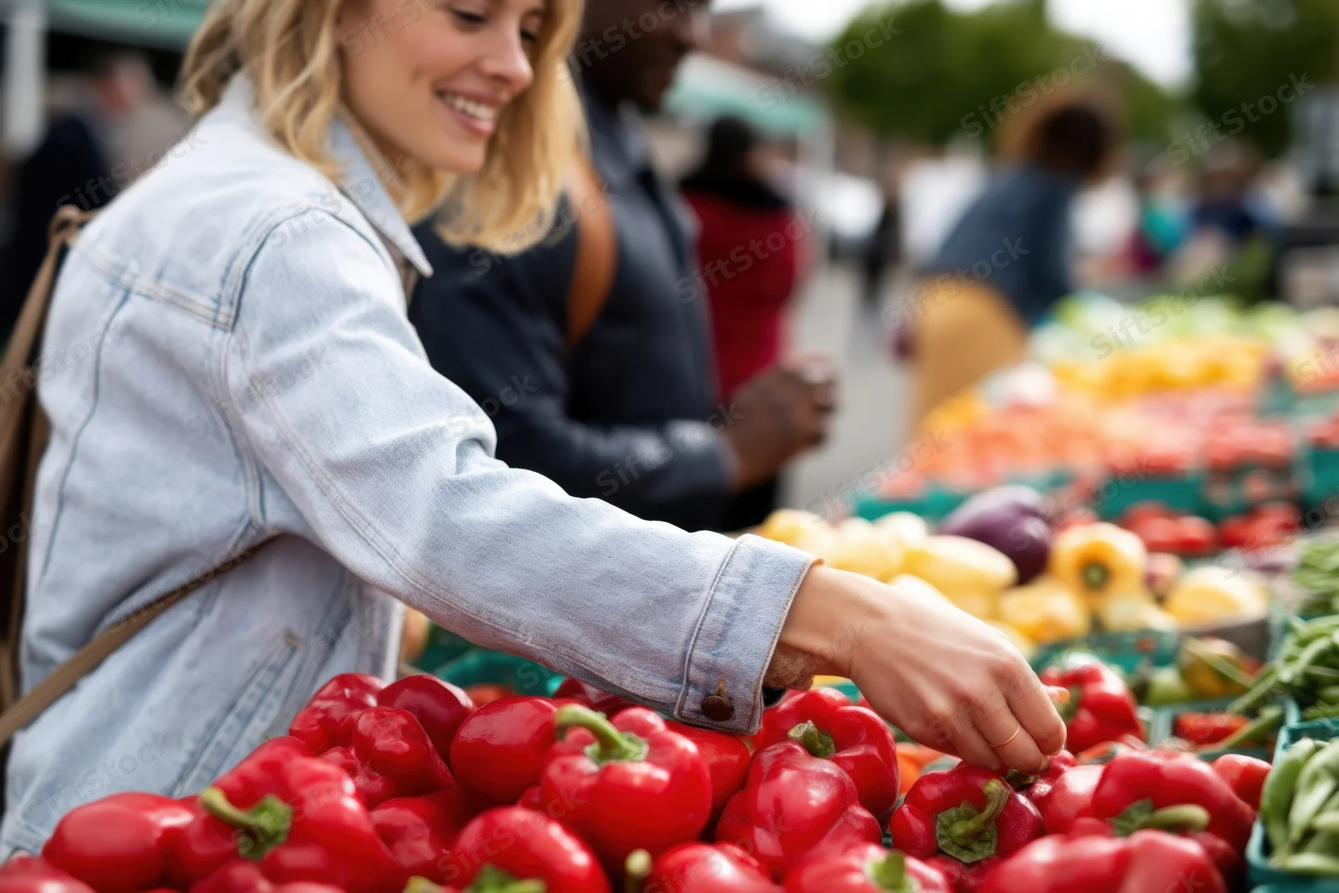 Woman selecting red peppers at an outdoor farmer's market stall