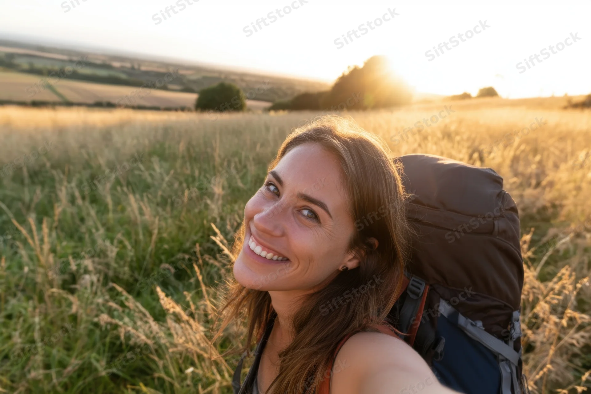 Woman with backpack smiling in sunlit field during golden hour