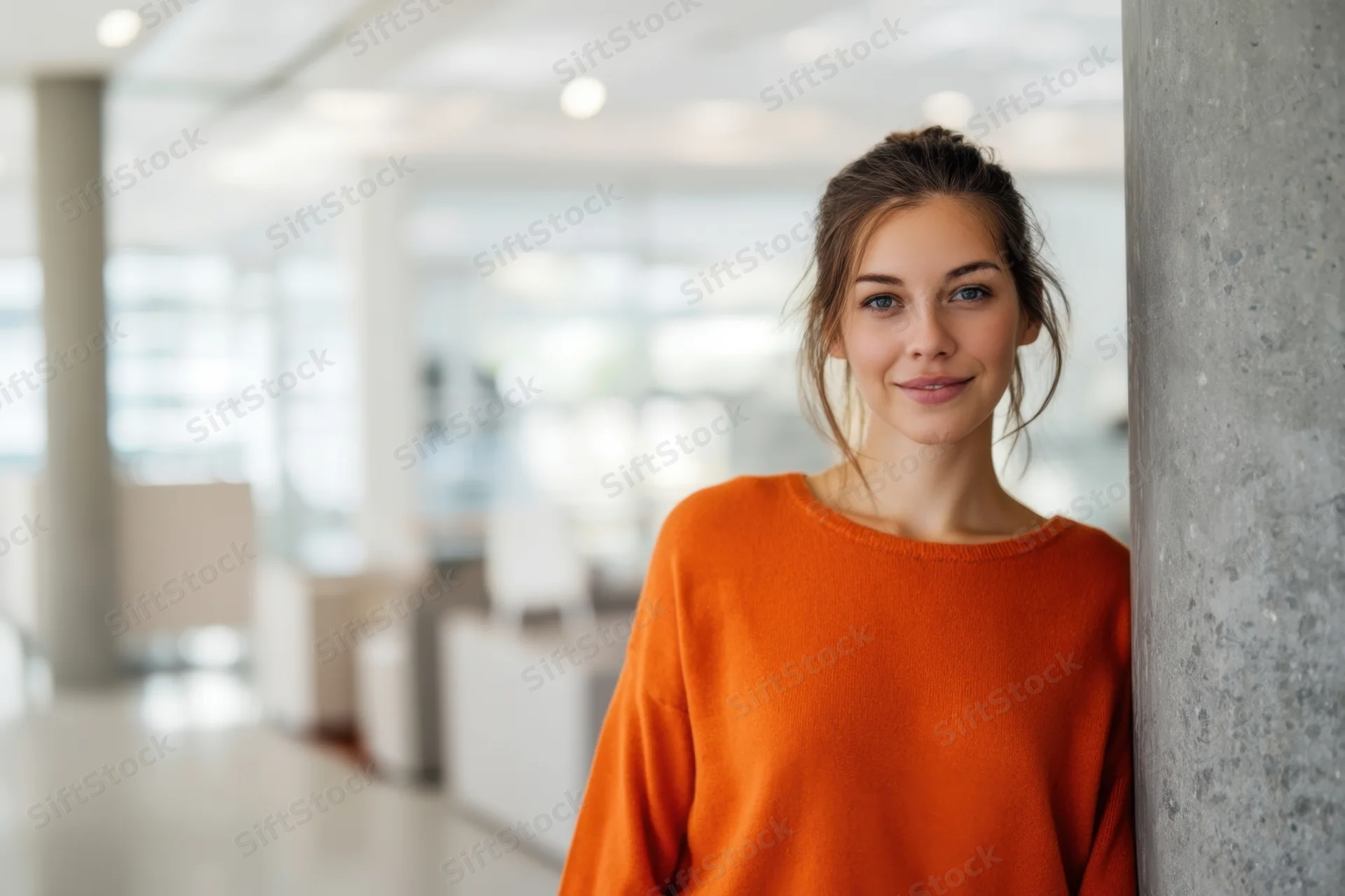 Young woman in orange sweater leaning against concrete pillar in modern office interior