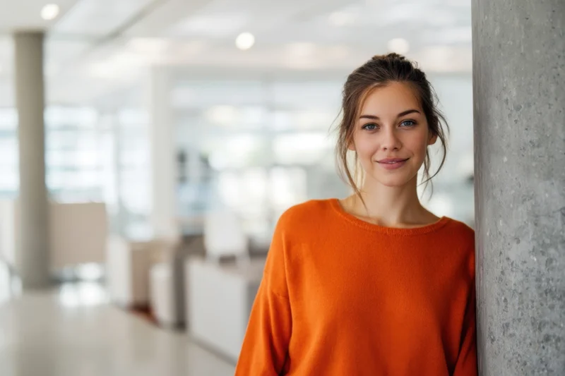 Young woman in orange sweater leaning against concrete pillar in modern office interior